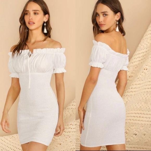 shirred milk maid puff sleeve dress white - Picture 3 of 3